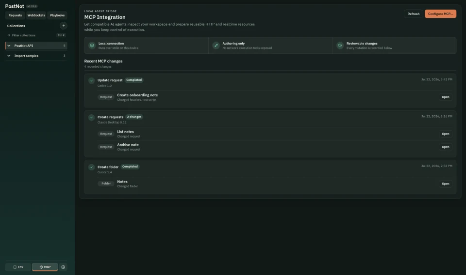 PostNot MCP Integration workspace showing local authoring safeguards and recorded MCP changes