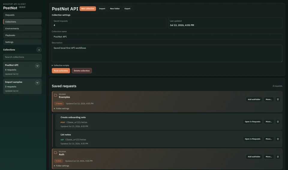 PostNot collections with nested folders and saved requests