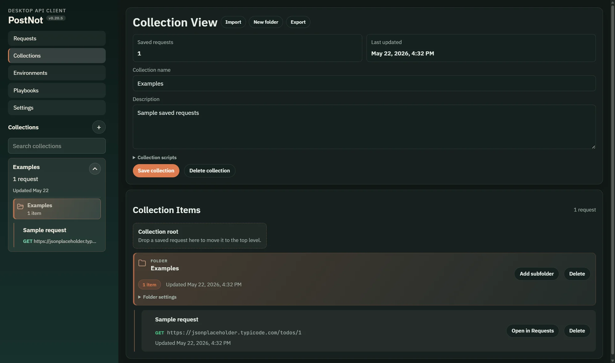 PostNot collections view with sidebar navigation and nested request folders