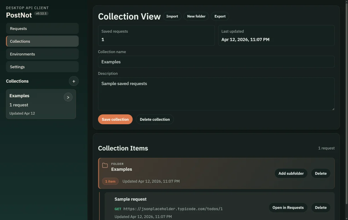 PostNot sidebar with nested folders and saved requests in a tree layout