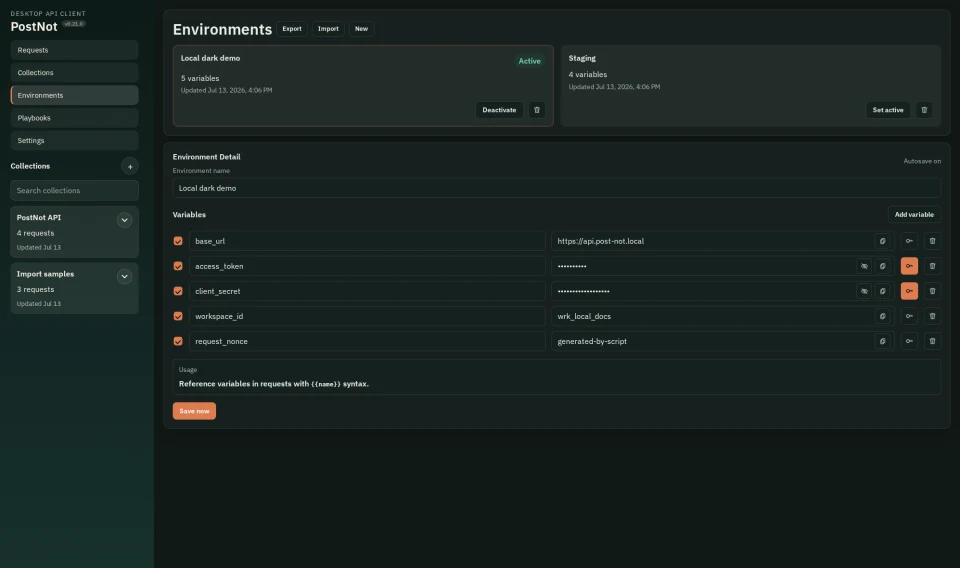 PostNot environment editor with local and secret variables