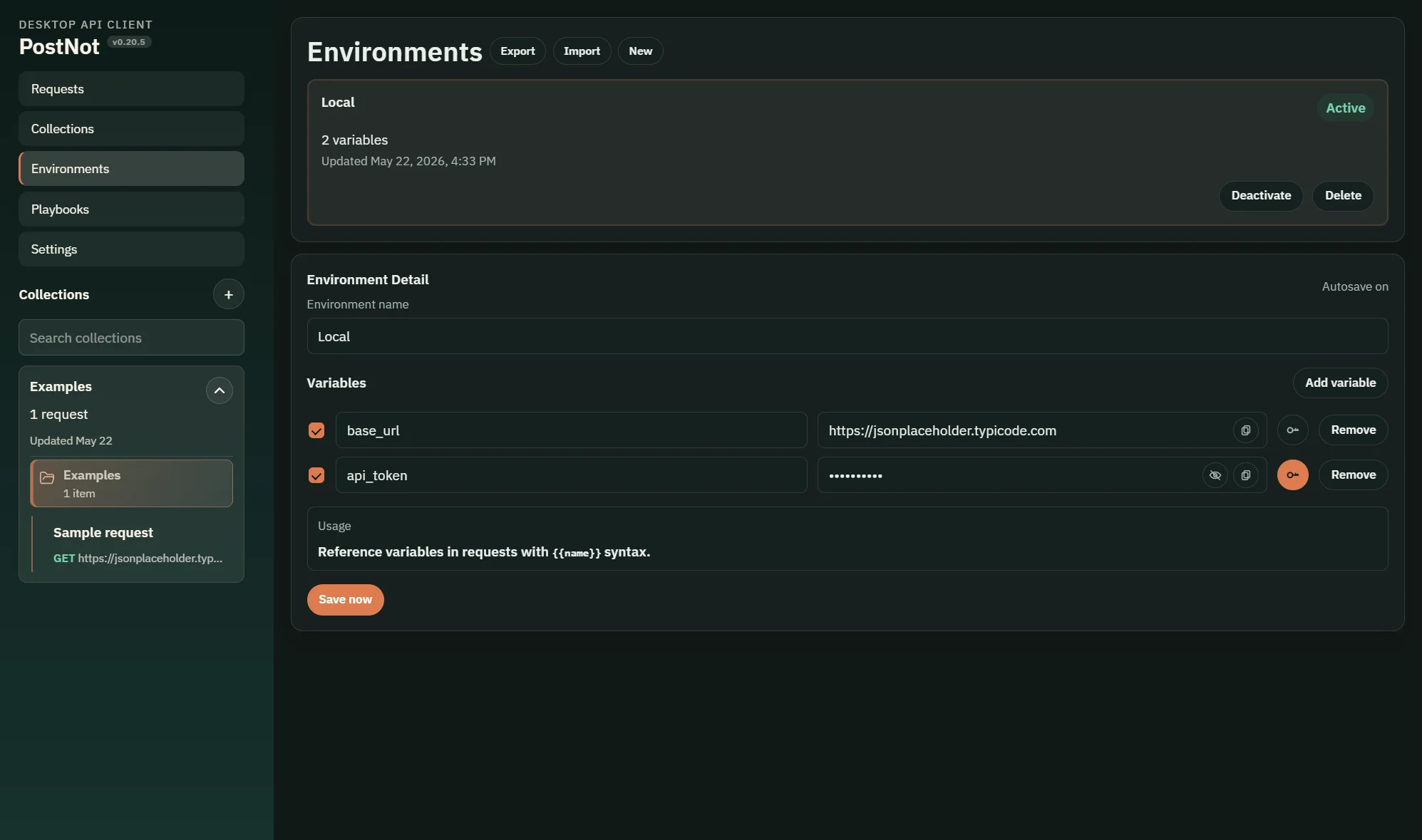 PostNot environments editor with variable names, values, and secret handling