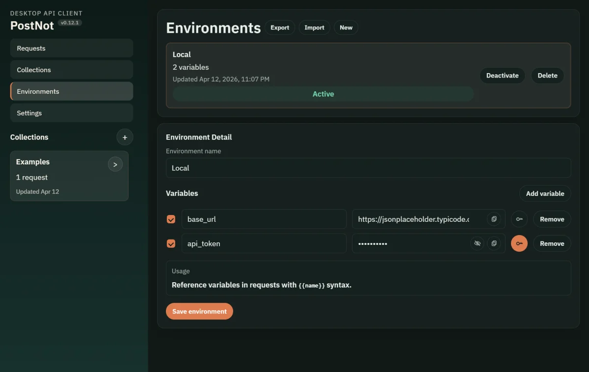 PostNot environments editor with variable names and values