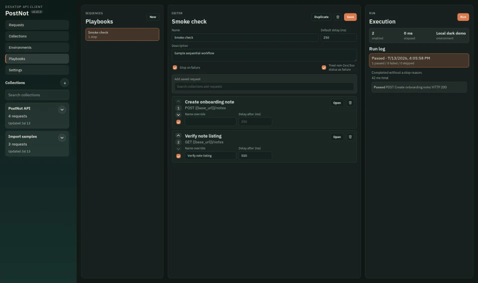 PostNot Playbooks with ordered saved-request steps and run logs