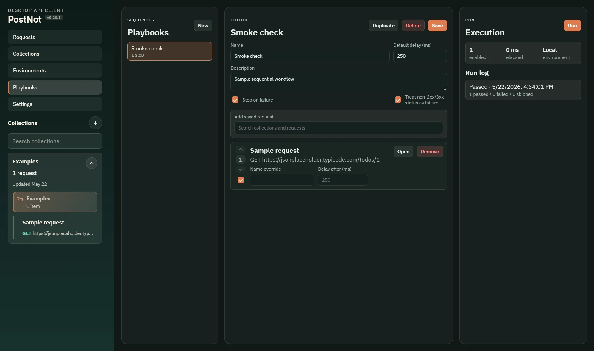 PostNot playbooks view with ordered saved-request steps and run logs