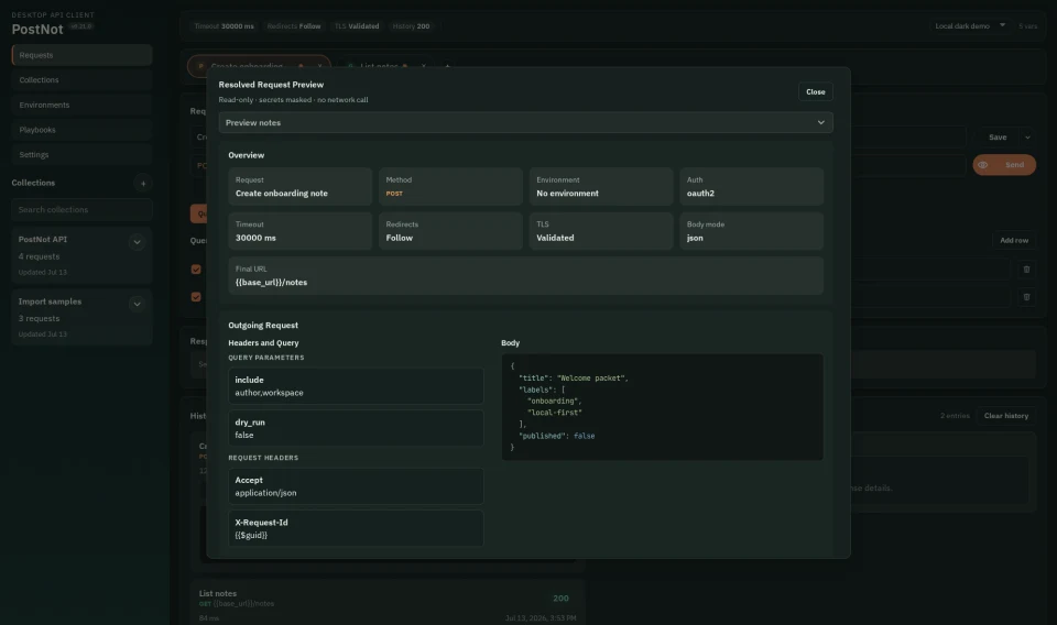 PostNot resolved request preview with masked private values