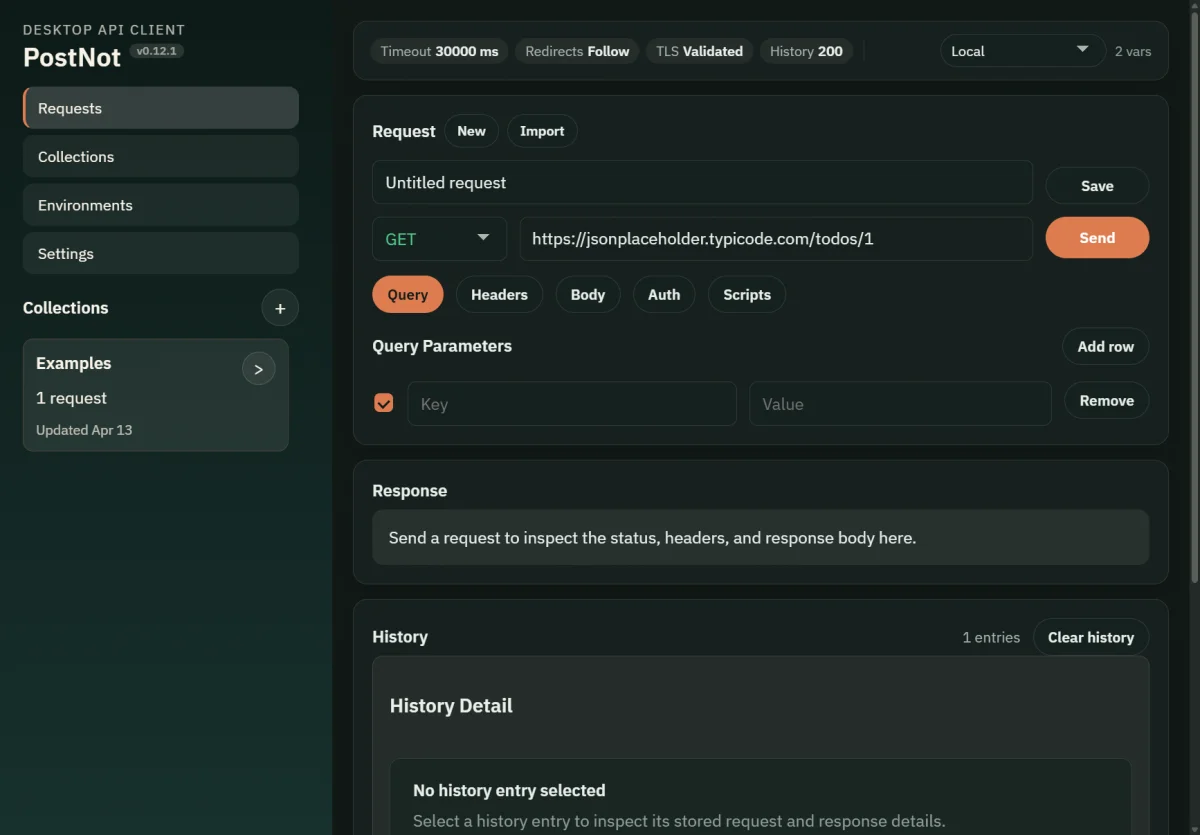 PostNot main window showing HTTP method, URL bar, request tabs, and response panel