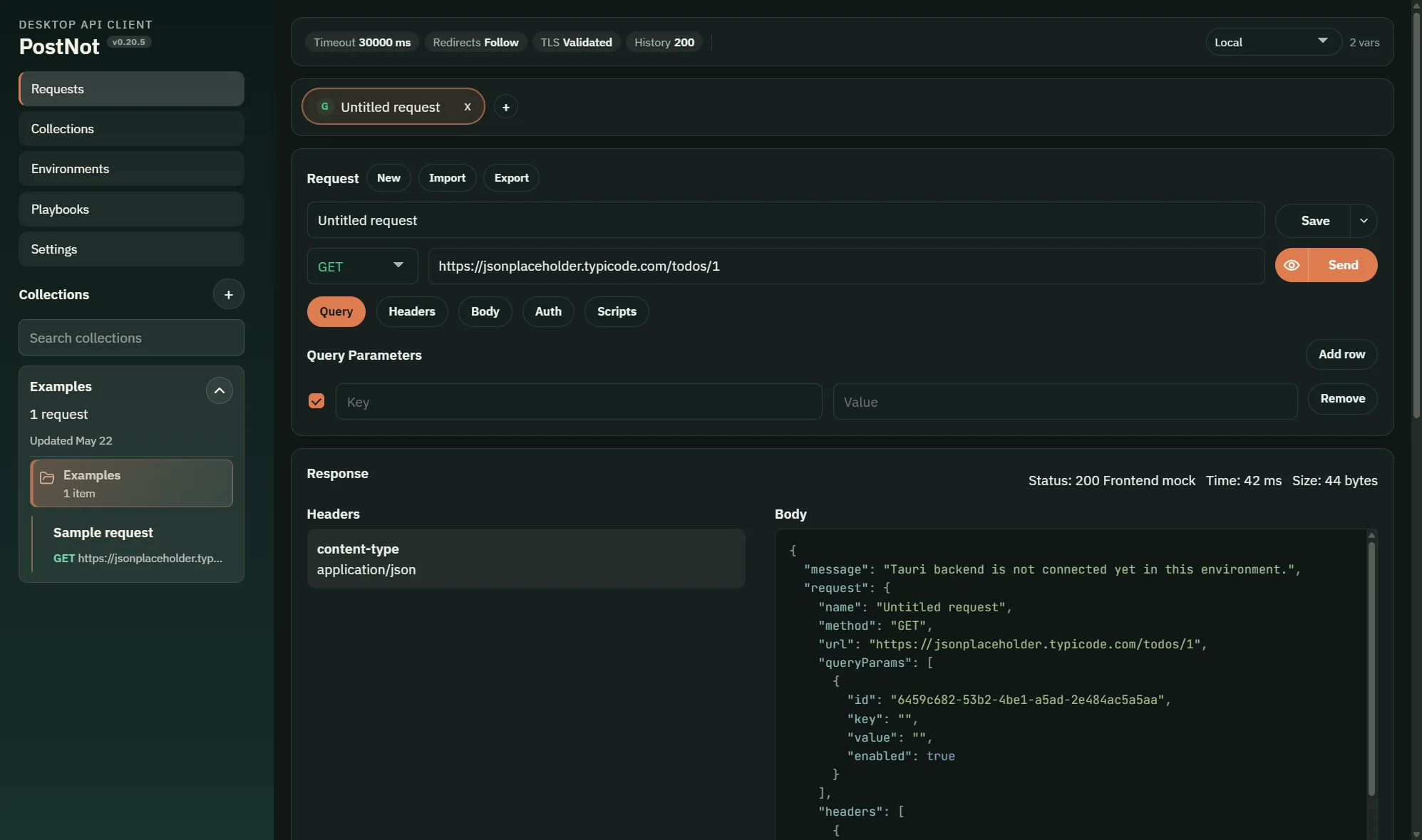 PostNot request workspace showing request tabs, a request editor, response panel, and history