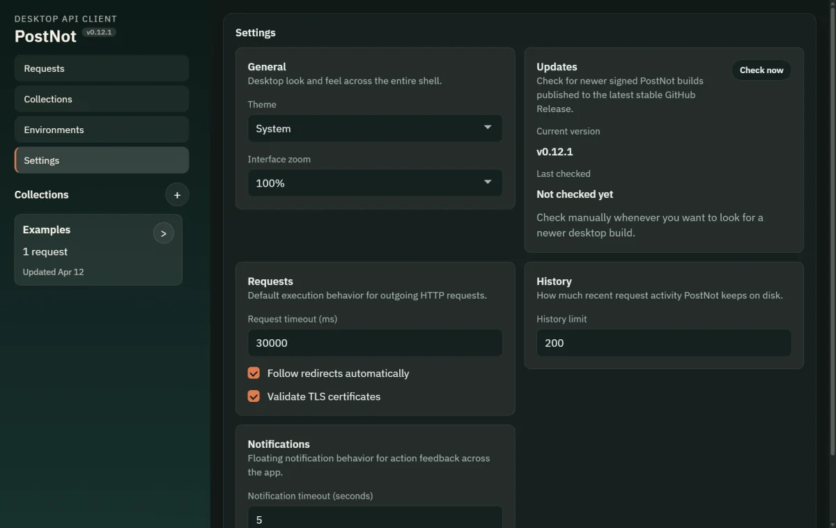 PostNot settings or about area showing version and preferences
