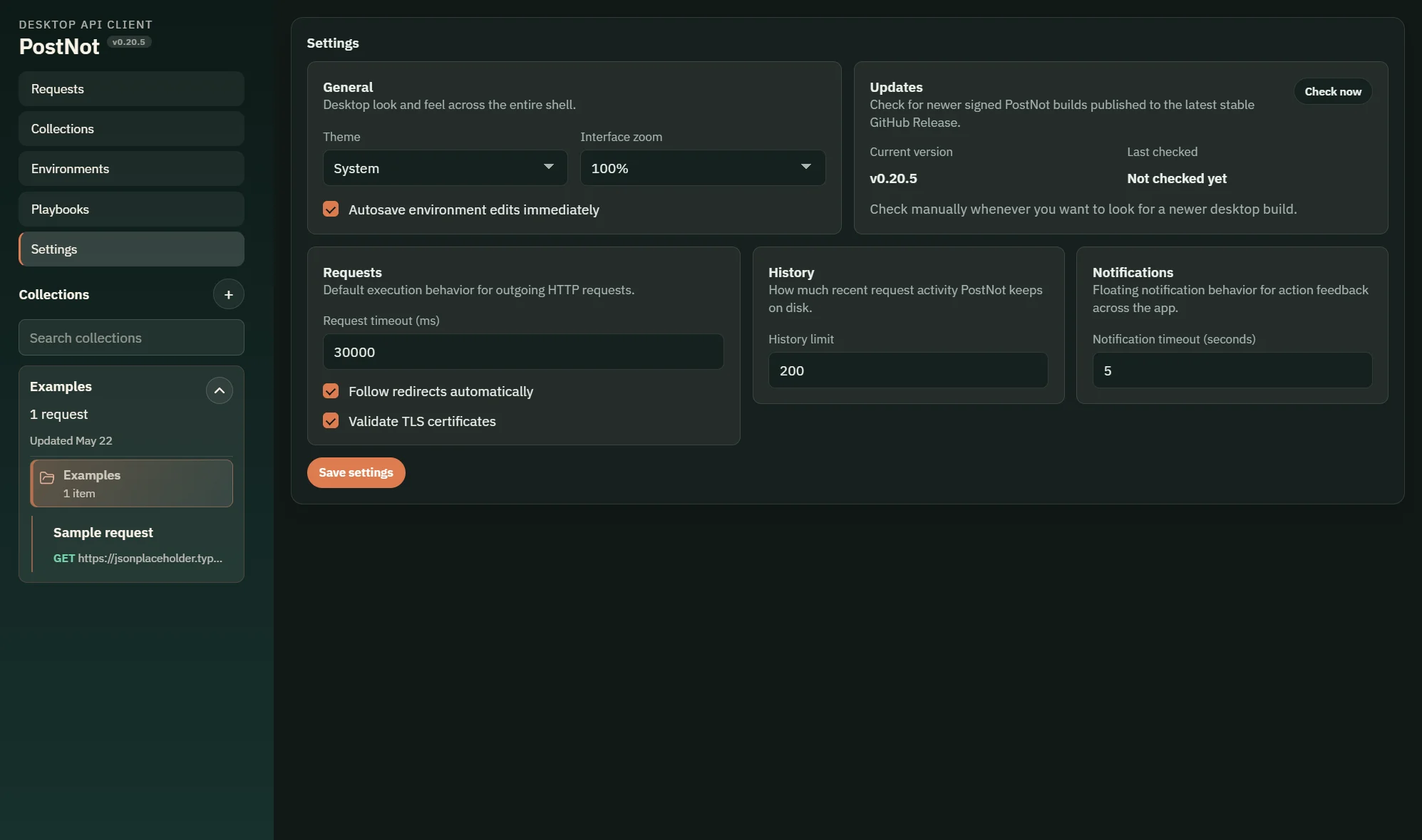 PostNot settings surface with preferences and update information