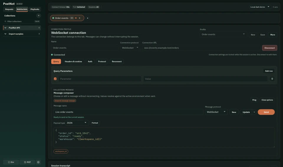 PostNot WebSocket workspace with a selected connection profile, separate collection message, and live session transcript